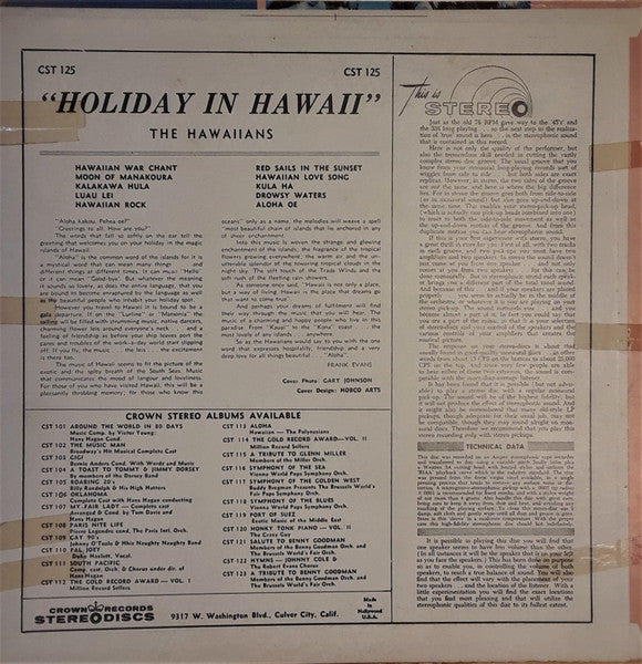 The Hawaiians - Holiday In Hawaii - VG+ (VG cover) LP Record 1958 Crown USA Red & Black Vinyl - World Music / Pacific / Exotica - Shuga Records