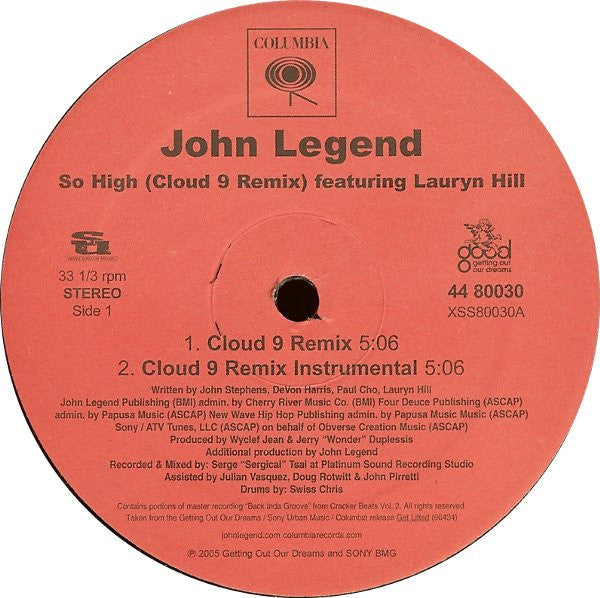 John Legend Featuring Lauryn Hill - So High (Cloud 9 Remix) - VG+ 12" Single Record 2005 Columbia USA Vinyl - Soul / R&B / Hip Hop - Shuga Records