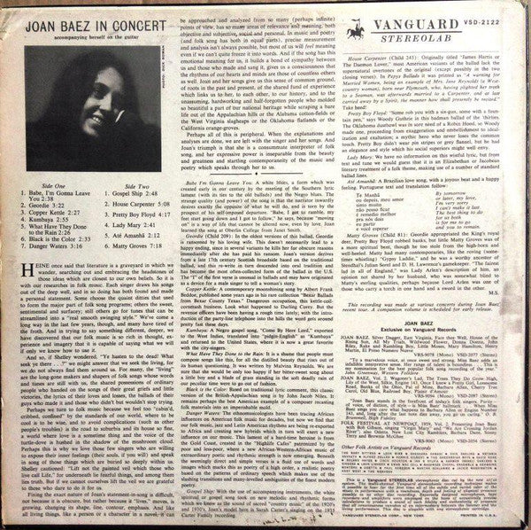 Joan Baez - In Concert (1962) - VG+ LP Record 1963 Vanguard Stereo USA Vinyl - Folk / Soft Rock - Shuga Records