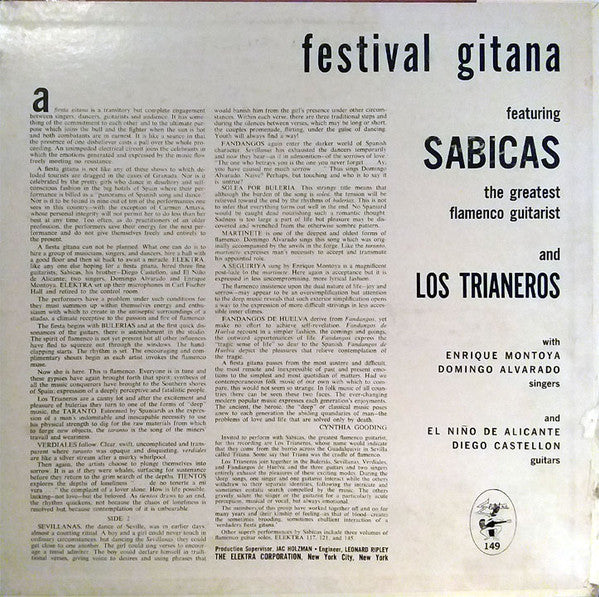 Sabicas - Festival Gitana - VG+ LP Record 1958 Elektra USA Original Vinyl - Latin / Flamenco - Shuga Records