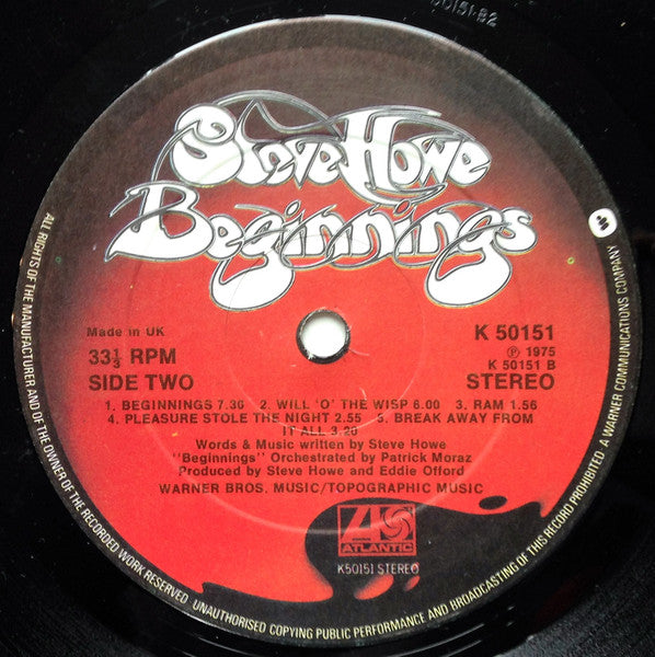 Steve Howe - Beginnings - Mint- LP Record 1974 Atlantic UK Original Vinyl - Prog Rock / YES - Shuga Records