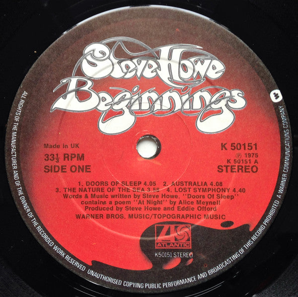 Steve Howe - Beginnings - Mint- LP Record 1974 Atlantic UK Original Vinyl - Prog Rock / YES - Shuga Records