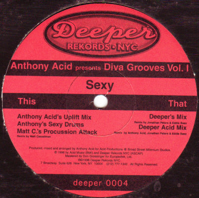 Anthony Acid - Diva Grooves Vol. 1 (Sexy) - Mint- 12" Single Record 1996 Deeper Rekords NYC USA Vinyl - House / Acid House - Shuga Records
