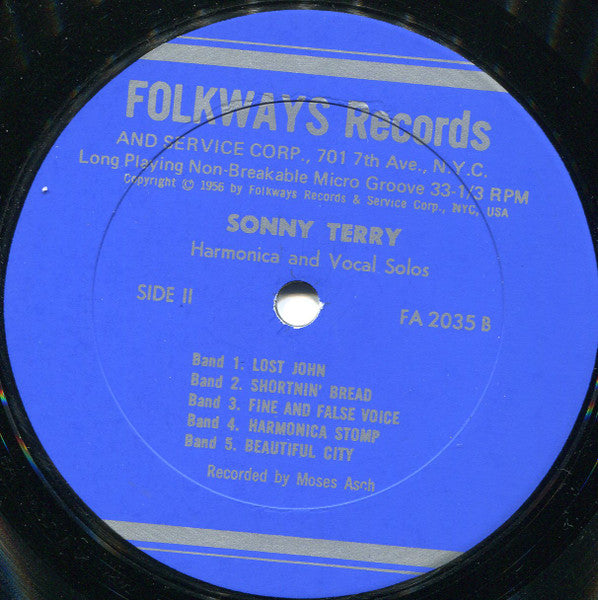 Sonny Terry - Harmonica & Vocal Solos - VG+ 10" LP Record 1962 Folkways USA Mono Vinyl & Booklet - Delta Blues / Harmonica Blues - Shuga Records