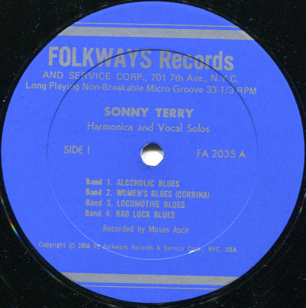 Sonny Terry - Harmonica & Vocal Solos - VG+ 10" LP Record 1962 Folkways USA Mono Vinyl & Booklet - Delta Blues / Harmonica Blues - Shuga Records