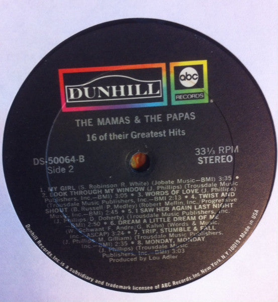 The Mamas & The Papas - 16 Of Their Greatest Hits - VG+ LP Record 1969 ABC/Dunhill USA Original Vinyl - Soft Rock / Folk Rock - Shuga Records
