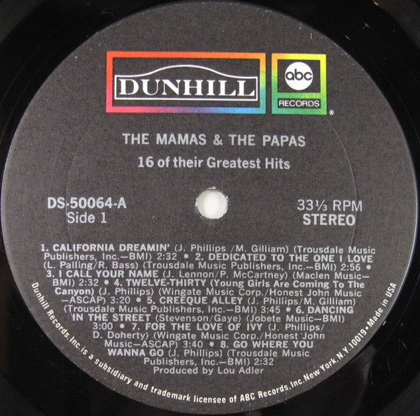 The Mamas & The Papas - 16 Of Their Greatest Hits - VG+ LP Record 1969 ABC/Dunhill USA Original Vinyl - Soft Rock / Folk Rock - Shuga Records