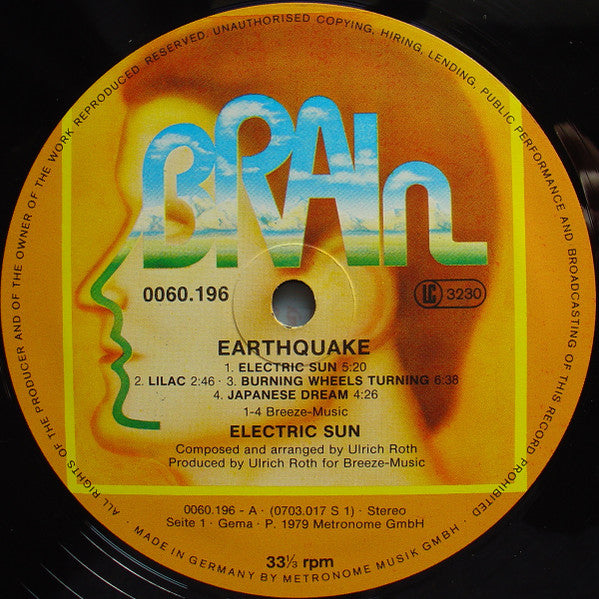 Electric Sun - Earthquake - VG+ LP Record 1979 Brain Germany Vinyl - Space Rock / Krautrock / Psychedelic Rock - Shuga Records