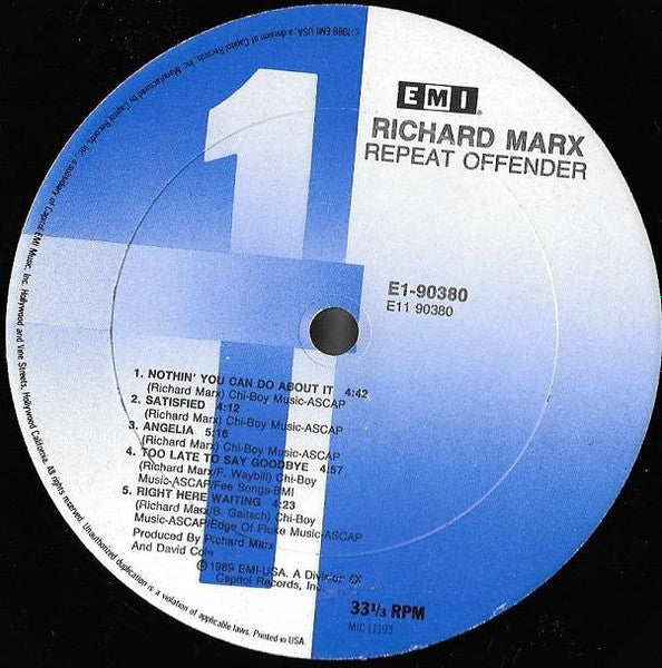 Richard Marx - Repeat Offender - Mint- LP Record 1989 EMI Columbia House Club Edition USA Vinyl - Soft Rock / Pop Rock - Shuga Records
