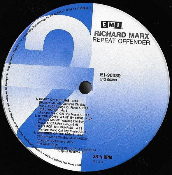 Richard Marx - Repeat Offender - Mint- LP Record 1989 EMI Columbia House Club Edition USA Vinyl - Soft Rock / Pop Rock - Shuga Records