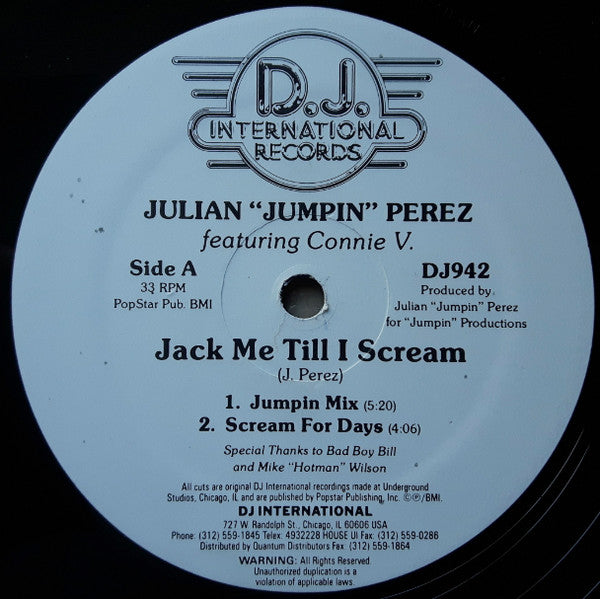 Julian "Jumpin" Perez Featuring Connie V - Jack Me Till I Scream - VG+ 12" Single Record 1987 D.J. International Vinyl - Chicago House / Acid House - Shuga Records