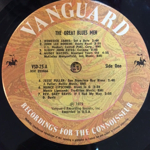 Various - The Great Blues Men (1972) - VG+ 2 LP Record 1976 Vanguard USA Vinyl - Piedmont Blues / Chicago Blues / Delta Blues - Shuga Records