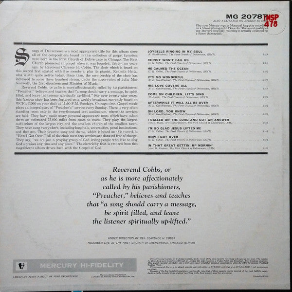 The First Church Of Deliverance Choir Chicago - Songs Of Deliverance - VG+ LP Record 1963 Mercury USA Vinyl - Chicago Gospel - Shuga Records