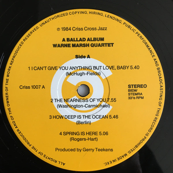 Warne Marsh Quartet Featuring Lou Levy - Ballad Album - VG+ LP Record 1984 Criss Cross Netherlands Vinyl - Jazz / Cool / Bop - Shuga Records