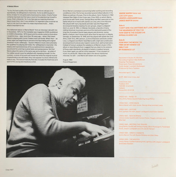 Warne Marsh Quartet Featuring Lou Levy - Ballad Album - VG+ LP Record 1984 Criss Cross Netherlands Vinyl - Jazz / Cool / Bop - Shuga Records