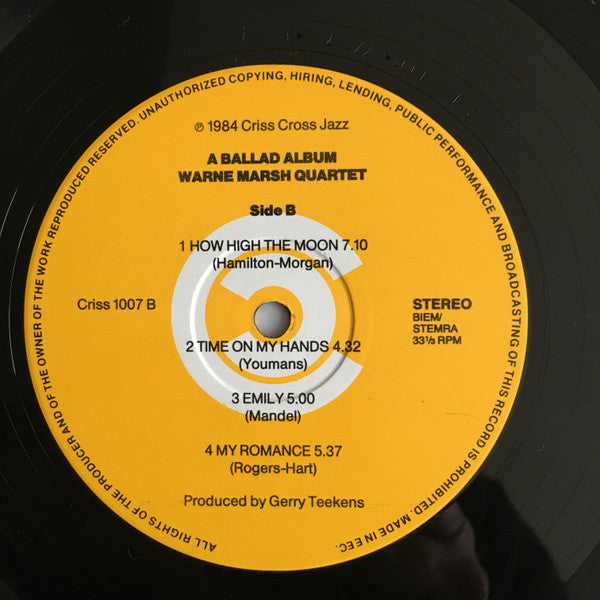 Warne Marsh Quartet Featuring Lou Levy - Ballad Album - VG+ LP Record 1984 Criss Cross Netherlands Vinyl - Jazz / Cool / Bop - Shuga Records