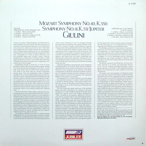 Carlo Maria Giulini - Mozart - Symphony No. 40 & 41 - New (saw mark in cover) LP Record 1981 London Jubilee Netherlands Vinyl - Classical - Shuga Records