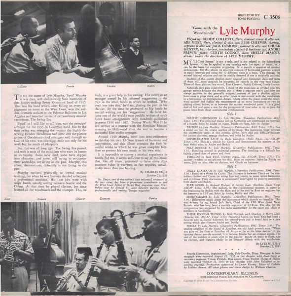 Lyle Murphy 's Music With André Previn, Curtis Counce, Buddy Collette, Shelly Manne – 'Gone With The Woodwinds!' - Mint- LP Record 1957 Contemporary USA Mono Vinyl - Jazz / Twelve-tone / Modern - Shuga Records
