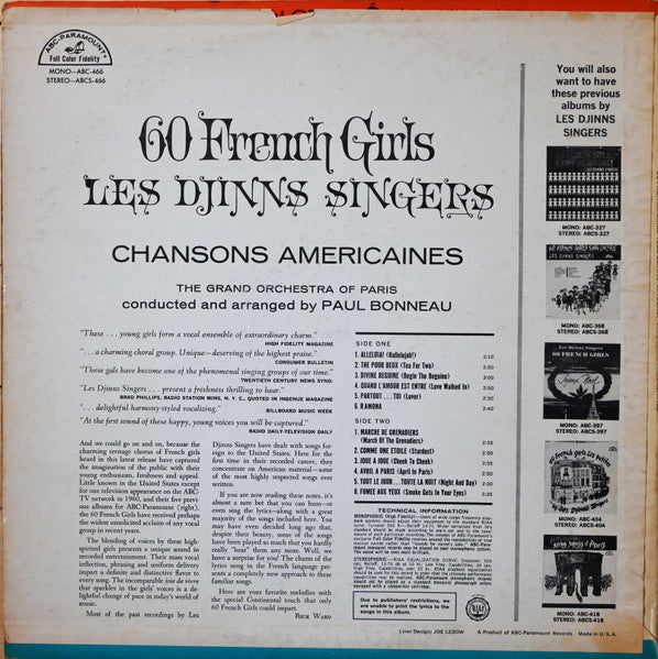 Les Djinns Singers – 60 French Girls - Chansons Americaines - VG+ LP Record 1964 ABC Paramount USA Mono Vinyl - World / French Pop / Folk - Shuga Records