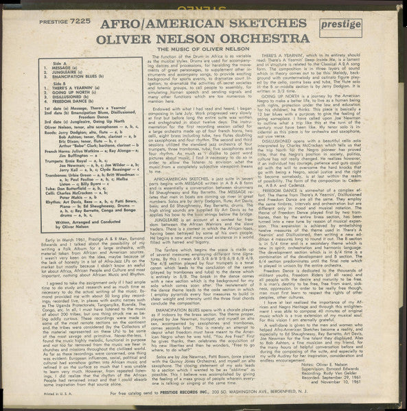 Oliver Nelson Orchestra - Afro/American Sketches (1962) - VG LP Record 1964 Prestige USA Vinyl - Jazz / Post Bop - Shuga Records