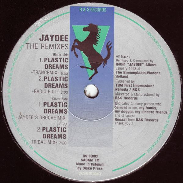 Jaydee - Plastic Dreams (The Remixes) - VG+ 12" Single Record 1993 R&S Original Press Belgium Vinyl - House - Shuga Records