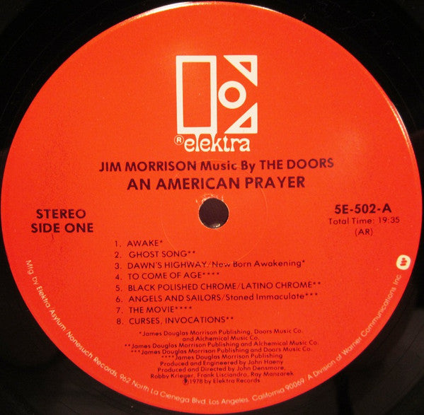 Jim Morrison Music By The Doors - An American Prayer - VG+ LP Record 1978 Elektra USA Vinyl (Red Label) - Psychedelic Rock / Spoken Word - Shuga Records