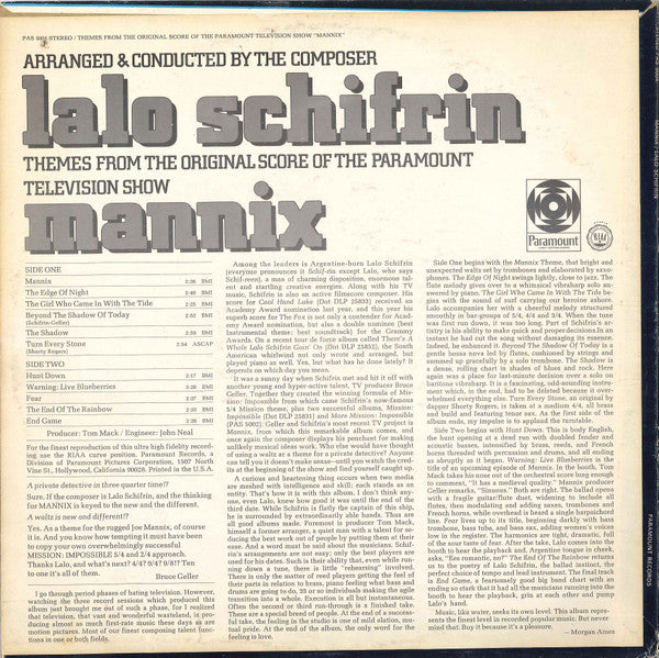 Lalo Schifrin – Mannix - VG+ LP Record 1968 Paramount USA Vinyl - Soundtrack / Jazz / Jazz-Funk - Shuga Records