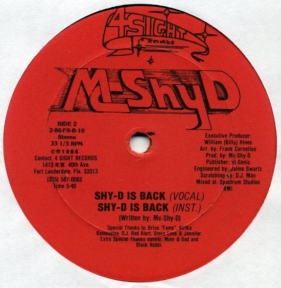 MC Shy D - Shy D Is Back - VG+ 12" Single Record 1986 4 Sight USA Vinyl - Hip Hop / Bass Music / Electro / - Shuga Records