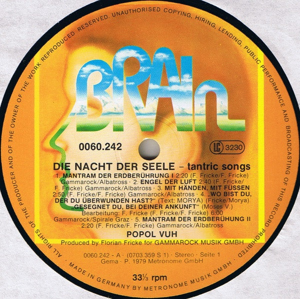 Popol Vuh - Die Nacht Der Seele (Tantric Songs) - Mint- LP Record 1979 Brain Germany - Prog Rock / Ambient - Shuga Records