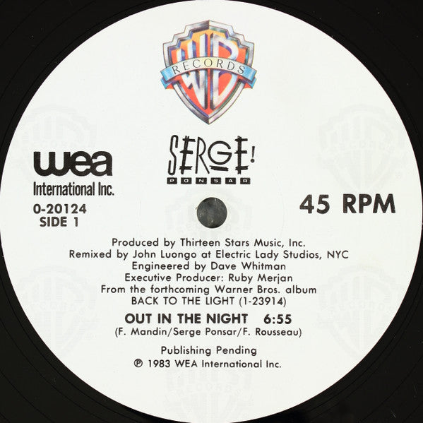 Serge Ponsar – Out In The Night - VG+ 12" Single Record 1983 Warner WEA USA Vinyl - Electro / Boogie / Disco - Shuga Records