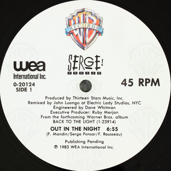 Serge Ponsar – Out In The Night - VG+ 12" Single Record 1983 Warner WEA USA Vinyl - Electro / Boogie / Disco