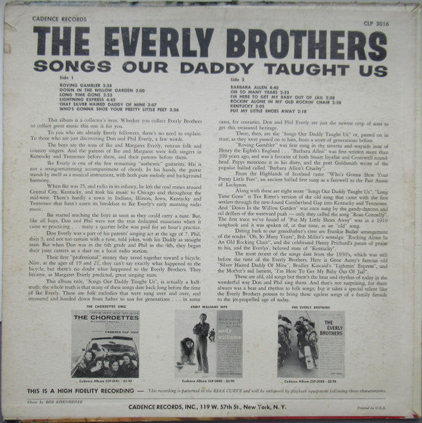 The Everly Brothers - Songs Our Daddy Taught Us - VG+ (VG cover) LP Record 1958 Cadence USA Original Vinyl - Pop Rock / Folk