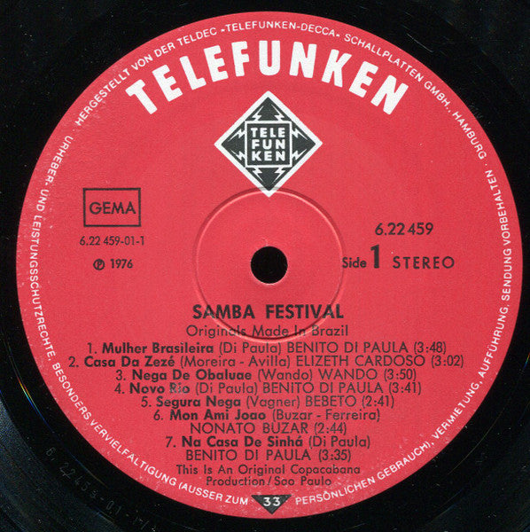 Various - Samba Festival (Originals Made In Brazil) - VG+ LP Record 1976 Telefunken Germany Vinyl - Latin / Samba / MPB - Shuga Records