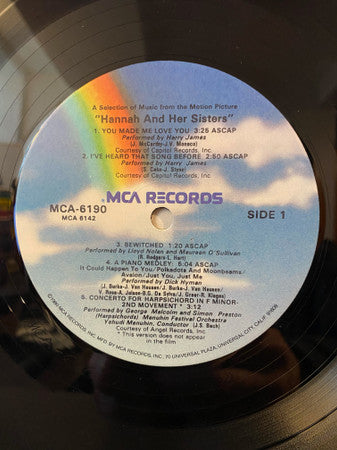 Various - Hannah And Her Sisters (A Selection Of Music From The Motion Picture) - Mint- LP Record 1987 MCA USA Original Vinyl - Soundtrack - Shuga Records