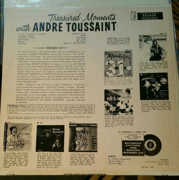 Signed Autographed - Andre Toussaint - Treasured Moments With Andre Toussaint - VG+ LP Record 1965 Bahamas USA Vinyl Calypso / Junkanoo / Reggae - Shuga Records