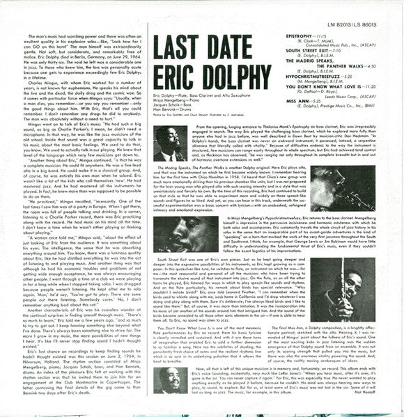 Eric Dolphy - Last Date (1964) - Mint- LP Record 1976 Limelight USA Vinyl - Jazz / Bop / Free Jazz - Shuga Records