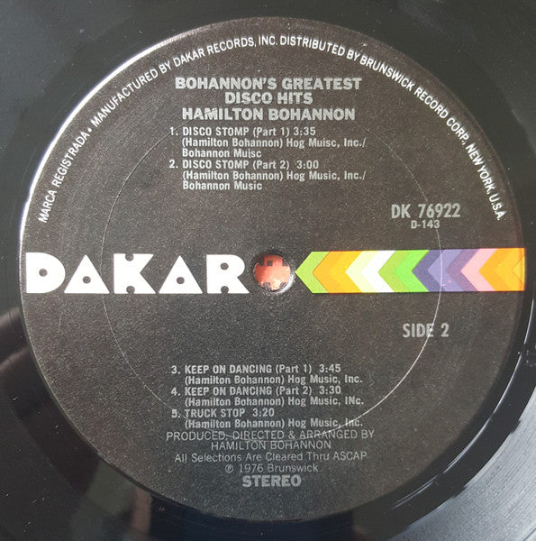 Hamilton Bohannon - Bohannon's Greatest Disco Hits - VG+ LP Record 1976 Dakar USA Vinyl - Soul / Disco / Funk - Shuga Records