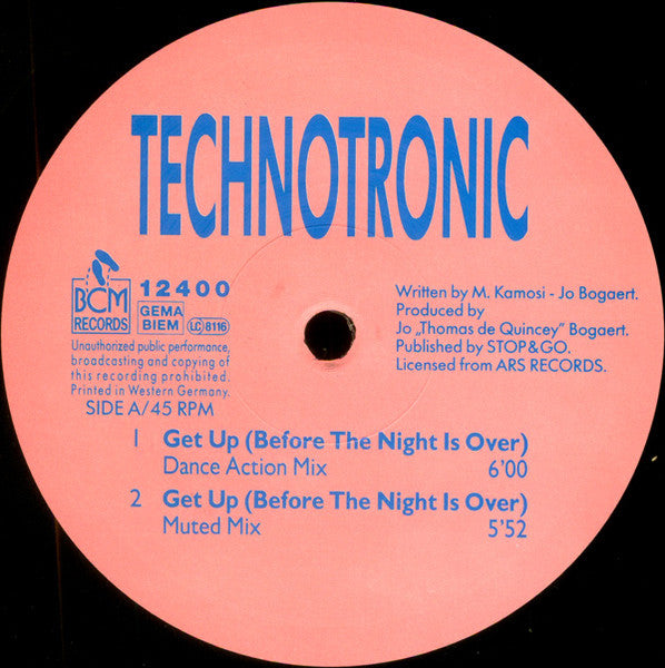 Technotronic – Get Up! (Before The Night Is Over) - Mint- 12" Single Record 1990 BCM Germany Vinyl - House / Euro House - Shuga Records