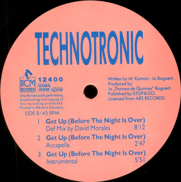 Technotronic – Get Up! (Before The Night Is Over) - Mint- 12" Single Record 1990 BCM Germany Vinyl - House / Euro House - Shuga Records