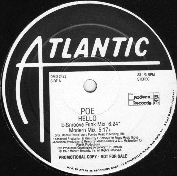 Poe - Hello - Mint- 2x 12" SIngle Record 1997 Atlantic USA Promo Vinyl - House / Deep House - Shuga Records