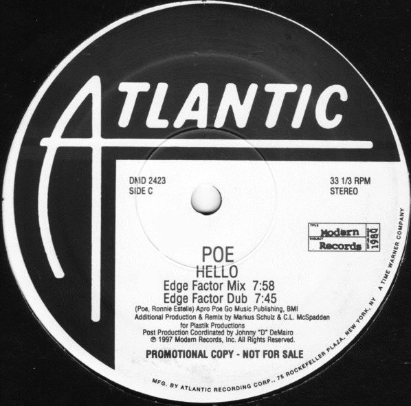 Poe - Hello - Mint- 2x 12" SIngle Record 1997 Atlantic USA Promo Vinyl - House / Deep House - Shuga Records
