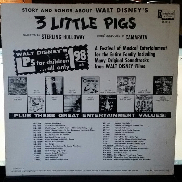 Sterling Holloway / Camarata - The Stories And Songs Of Walt Disney's Three Little Pigs - VG LP Record 1961 Walt Disney Original Light Blue Label - Children's - Shuga Records