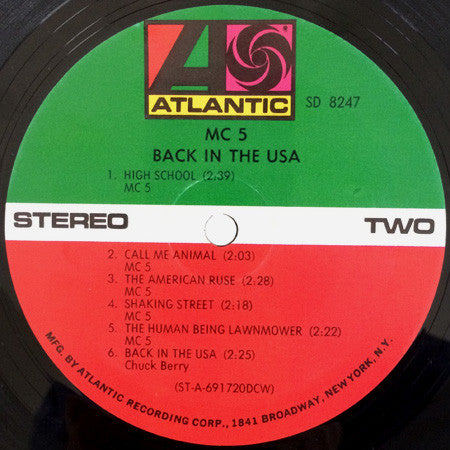 MC5 - Back In The USA - VG+ LP Record 1970 Atlantic USA Original Vinyl - Garage Rock / Psychedelic Rock / Hard Rock - Shuga Records