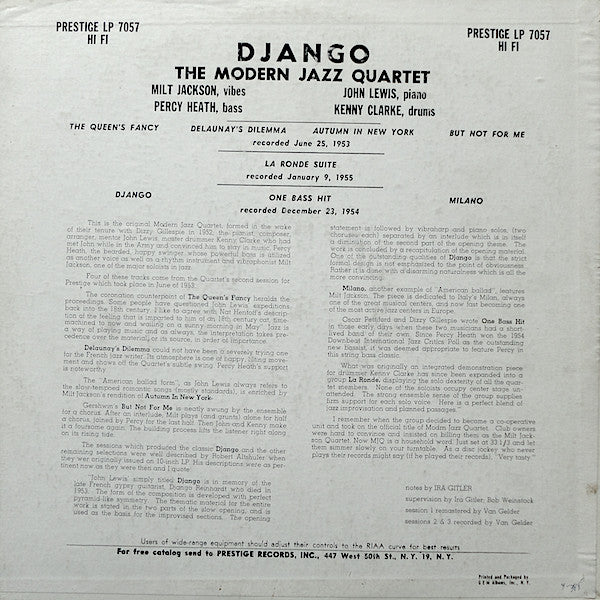 The Modern Jazz Quartet / MJQ - Django - VG LP Record 1956 Prestige USA Mono Original Vinyl (446 W. 50th ST NYC Label) - Jazz / Post Bop / Cool Jazz - Shuga Records