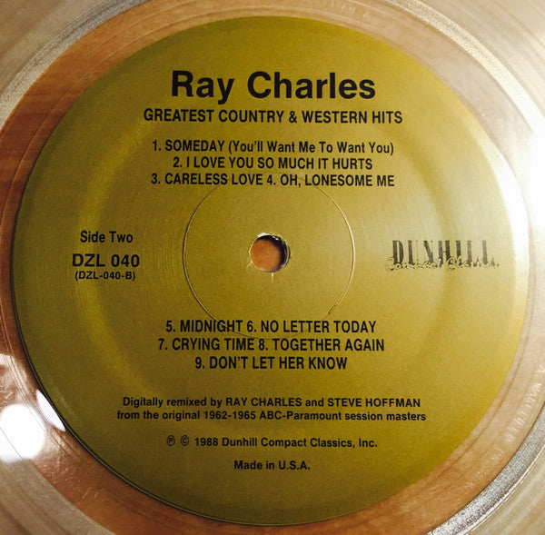 Ray Charles - Greatest Country And Western Hits (1962-1965) - Mint- LP Record 1988 Dunhill USA Clear Vinyl - Soul / Soul-Jazz - Shuga Records