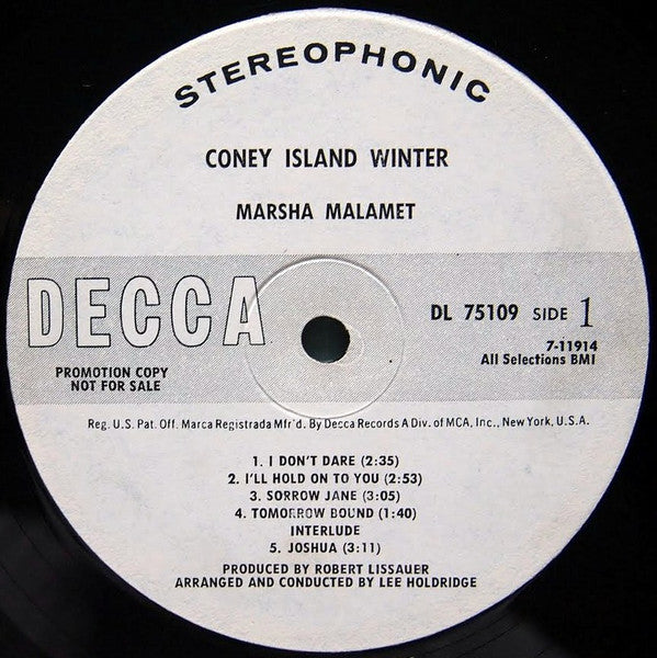 Marsha Malamet - Coney Island Winter - Mint- LP Record 1969 Decca USA Promo Vinyl - Folk Rock / Soft Rock / Folk - Shuga Records