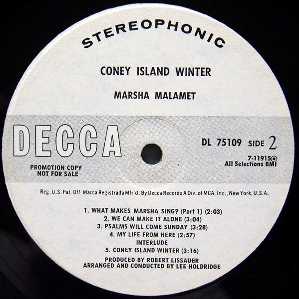 Marsha Malamet - Coney Island Winter - Mint- LP Record 1969 Decca USA Promo Vinyl - Folk Rock / Soft Rock / Folk - Shuga Records