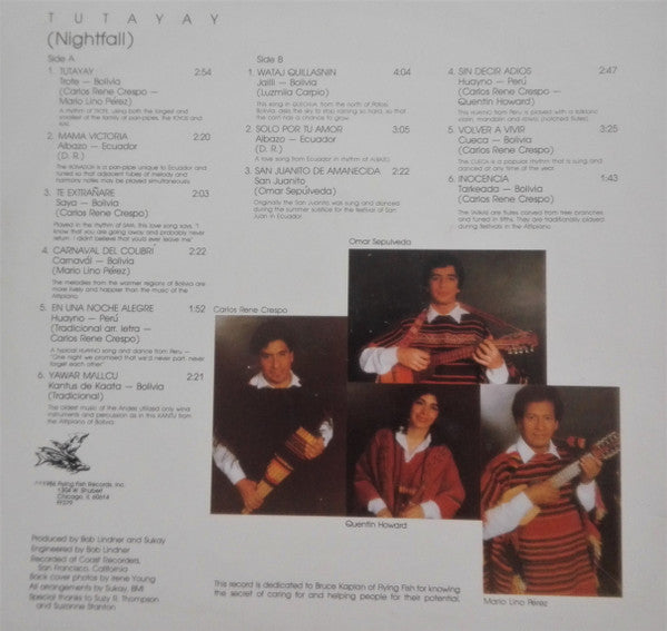 Sukay - Tutayay (Nightfall) - Mint- LP Record 1986 Flying Fish USA Vinyl & Insert - Latin / Folk / Quechua - Shuga Records