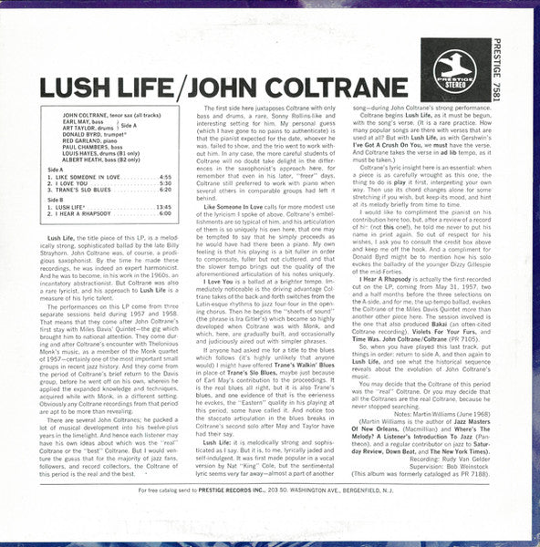 John Coltrane - Lush Life (1961) - Mint- LP Record 1975 Prestige USA Vinyl - Jazz / Hard Bop - Shuga Records