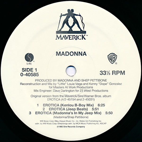 Madonna ‎– Erotica - VG+ 12" Single Record 1992 Maverick Sire Warner USA Original Vinyl - Pop / Dance-pop / Garage House - Shuga Records
